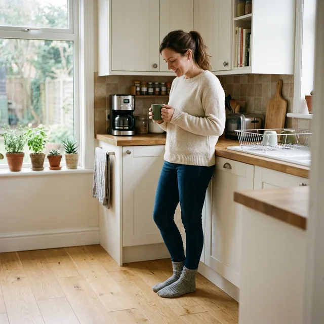 A person in socks standing in a small kitchen with a coffee mug, looking down at a clean floor with a quiet satisfied expression, soft morning window light