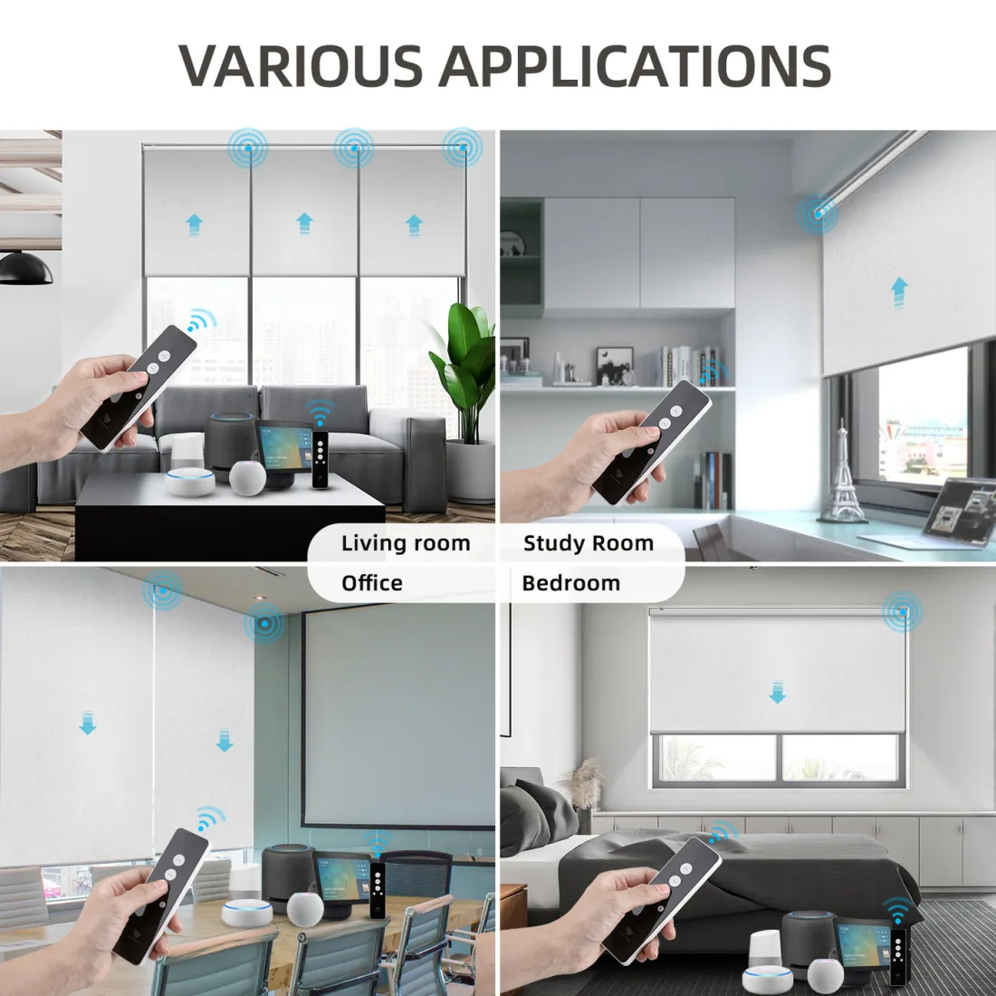 The manufacturer's collage titled Various Applications: white roller shades in a living room, a study, an office meeting room and a bedroom, each with a hand holding the black SmartWings remote and smart speakers on the table