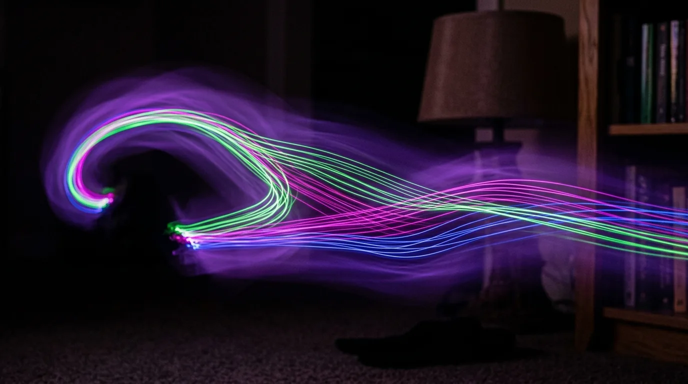 Extreme macro of a long-exposure light trail curling through a dark living room, green, magenta and blue filaments blurring past a lamp and a bookshelf