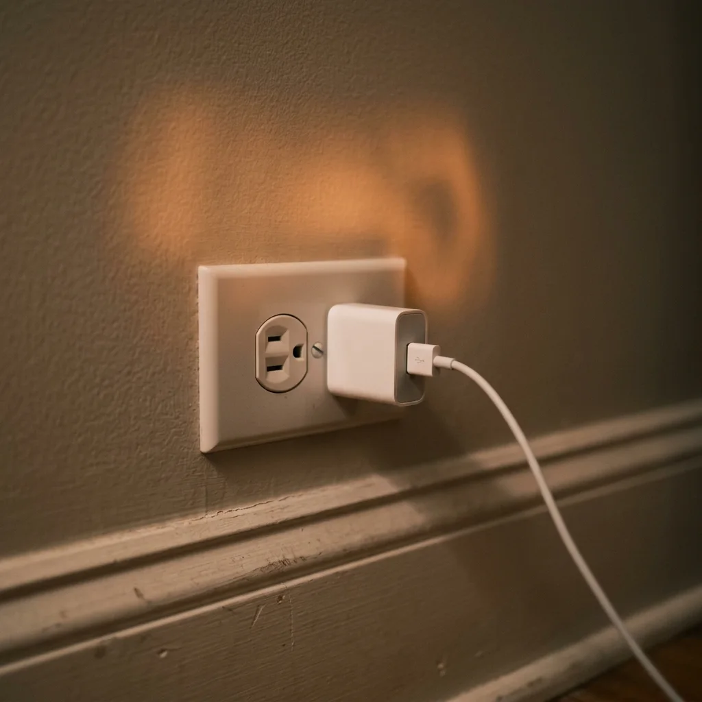 A plain white wall adapter plugged into a living room outlet, a short cable running out of frame, a faint colored glow reflected on the wall above it