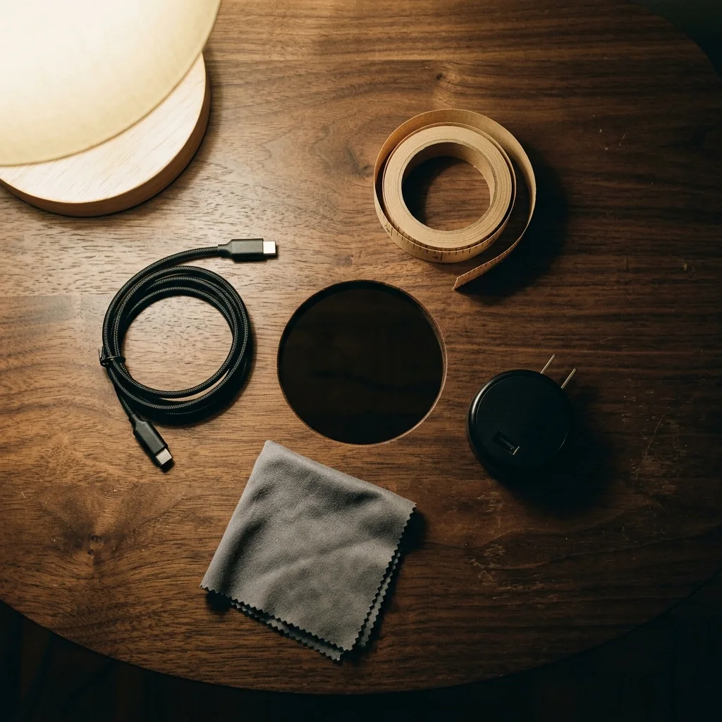 Flat lay in low lamplight on a wood table: a coiled cable, a folded cloth, a small wall charger and a paper tape measure arranged around an empty circle of space