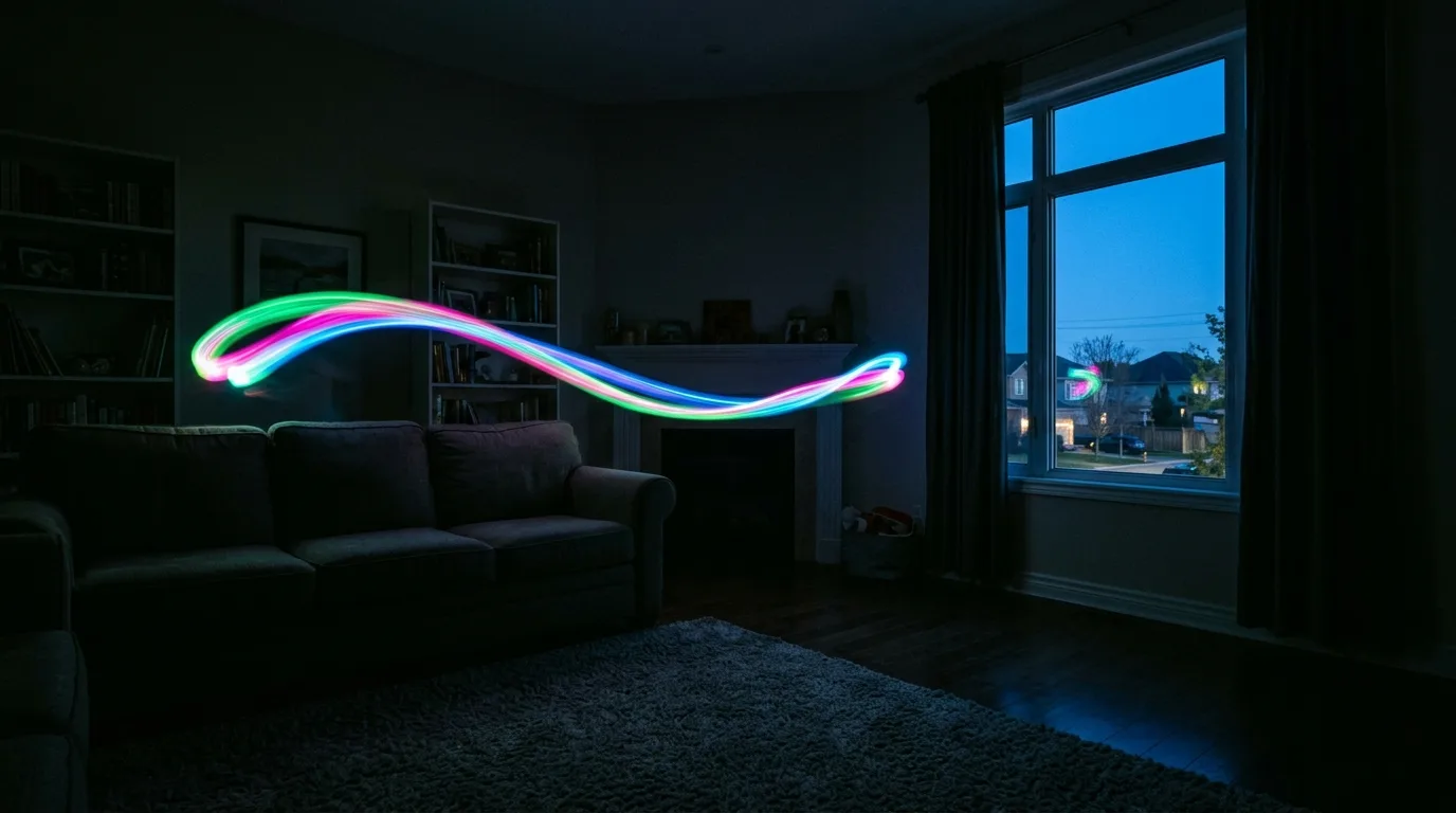 A dim living room at dusk, sofa and window in silhouette, a long-exposure trail of green, pink and blue light arcing across the room at shoulder height