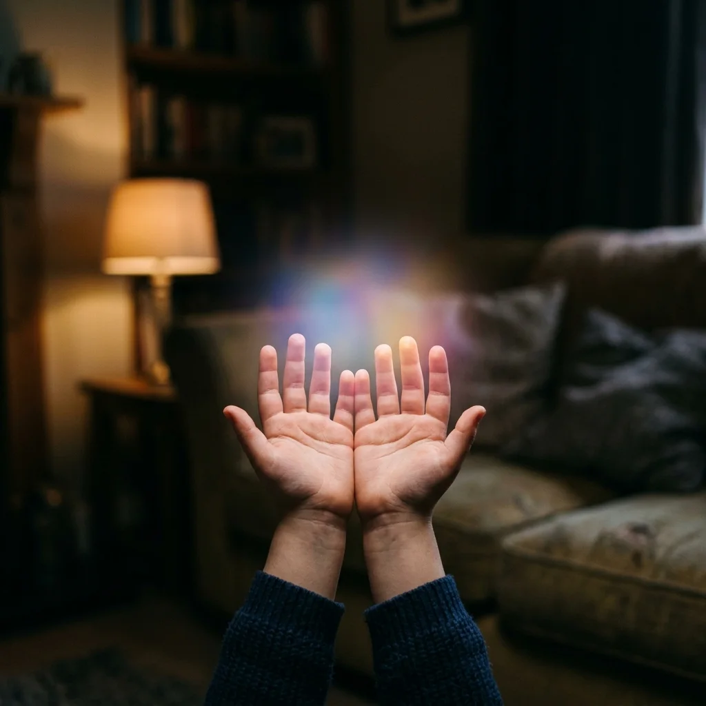 A child's two open hands held up in a dim living room, a soft multicolor glow hovering just above the palms