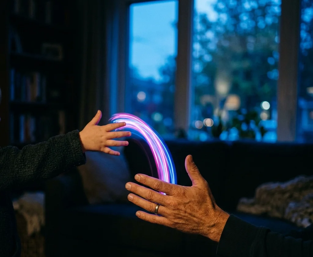 An adult hand and a child's hand reaching toward each other in a dark living room, a curved trail of pink and blue light passing between them