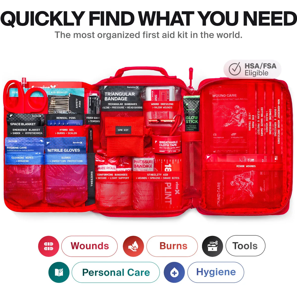 The kit unzipped flat, the seller's photo: labeled mesh pockets for wound care, burns, hygiene and tools, with a CPR kit and a glow stick in the center panel