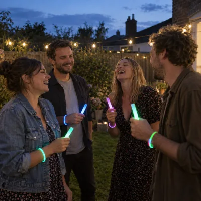 Four friends in their thirties laugh in a back garden at dusk, holding glow sticks and wearing glowing bracelets under a string of lights