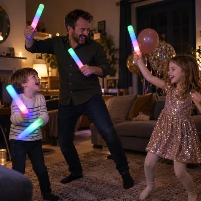 A father and two young children dance in a living room at night, waving light-up foam sticks, balloons behind them