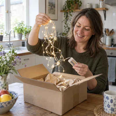 A woman in her forties lifts a string of battery fairy lights out of a delivery box on her kitchen table