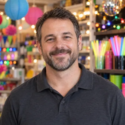 A man in his forties in a plain charcoal polo shirt, shelves of colourful party lights and glow sticks blurred behind him