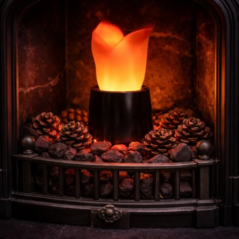 A black Luxa Fire Lamp with an orange silk flame rising from it, set among coals and pine cones in a cast iron fireplace