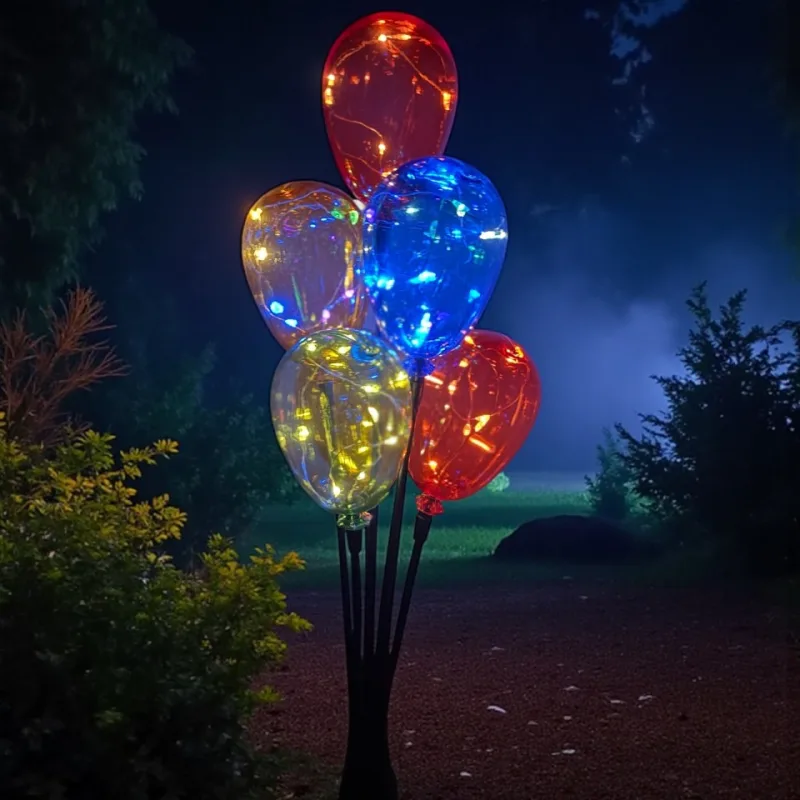 A Solar Balloon Tree Light at dusk in a garden: five lit balloons in red, blue, yellow and amber on black stems above a gravel path