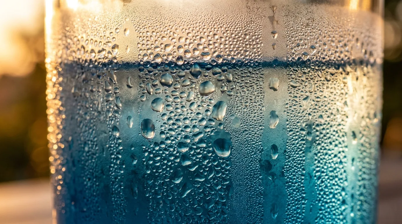 Extreme macro of condensation droplets racing down the side of a frosted glass, backlit by harsh golden afternoon sun, cool blue reflections inside the glass against a heat-blurred warm background