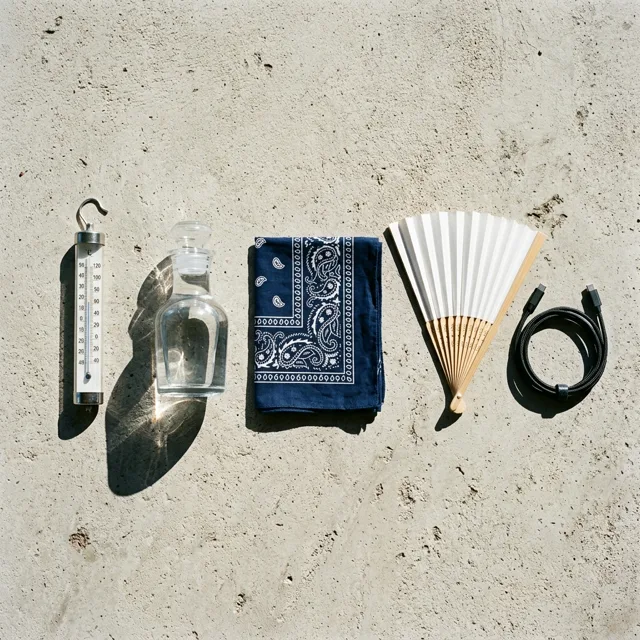 Flat lay on pale concrete in hard sunlight of an analog thermometer, a small carafe of water, a folded bandana, a hand fan and a coiled USB-C cable, arranged neatly with long sharp shadows