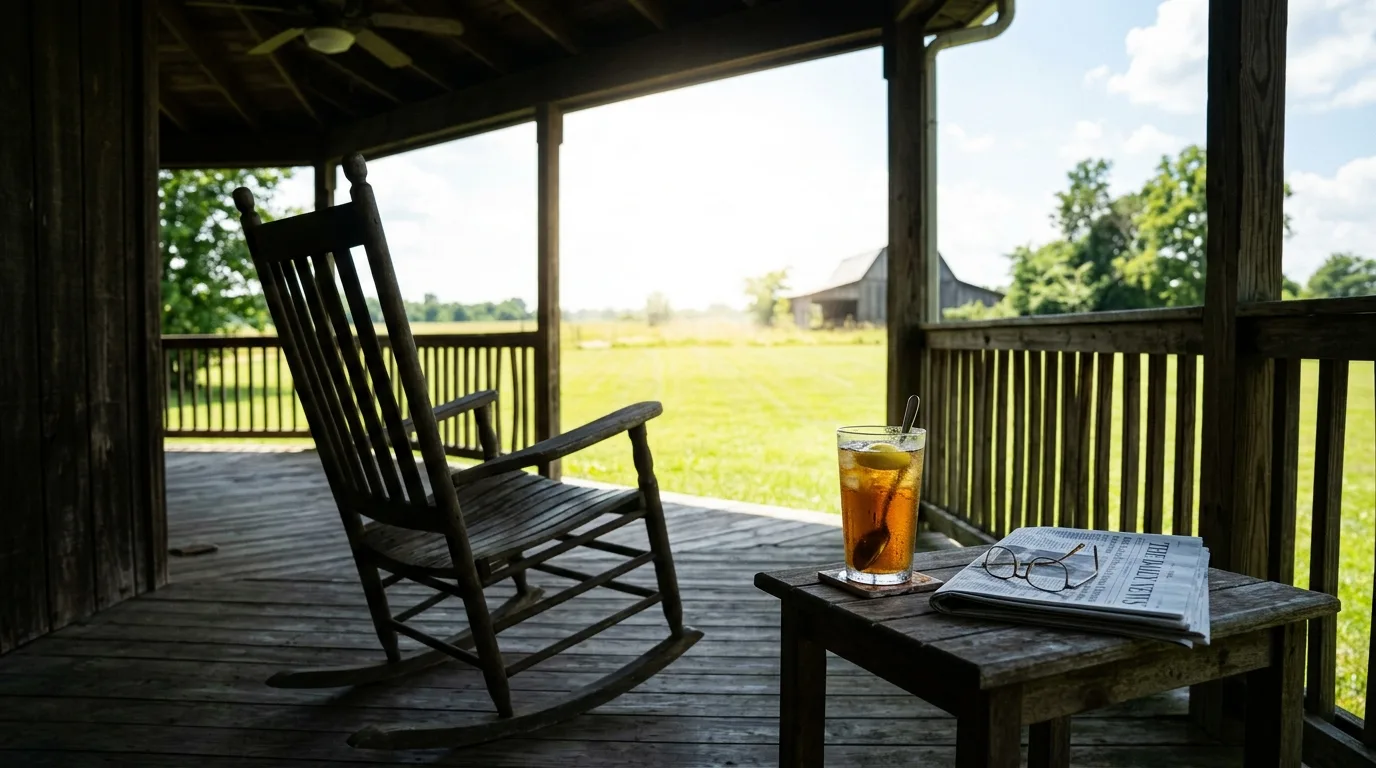 A shaded back porch on a blazing July afternoon, heat haze shimmering over a sunlit lawn beyond, a sweating glass of iced tea and a folded newspaper on a side table, an empty rocking chair