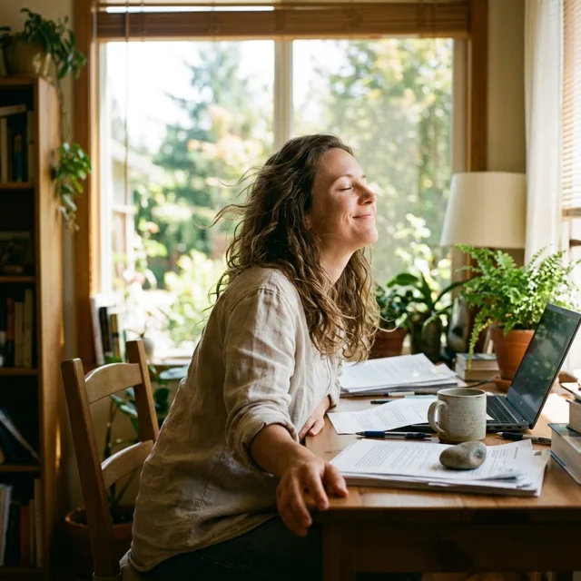 A person at a home desk by a bright hot window leaning into a gentle stream of air with eyes closed and a relieved smile, hair strands lifting slightly in the breeze