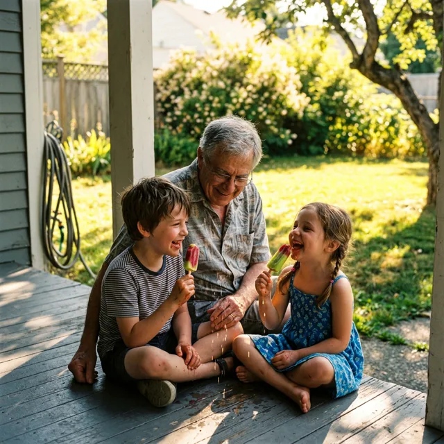 Two kids and a grandparent on a porch step sharing popsicles in deep afternoon shade, melted drips catching the light, hard summer sun on the yard behind them