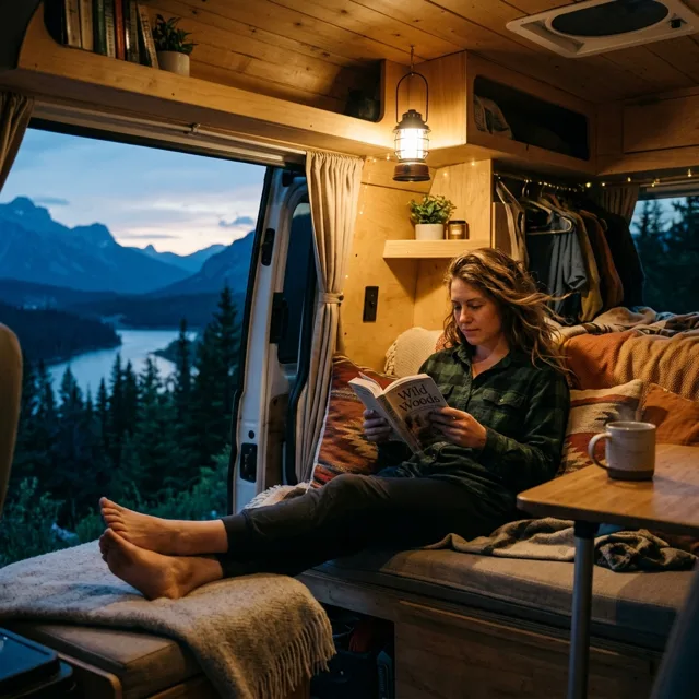 A camper reading in a van with the side door open at dusk, feet up, a small battery lantern glowing, cooling evening blue outside against warm interior tones