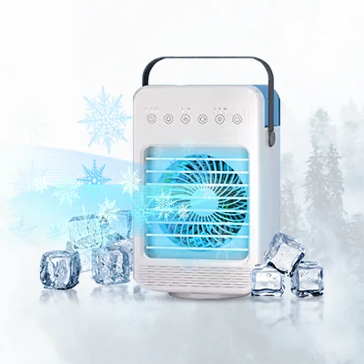 TundraFreeze personal evaporative cooler, the vendor's own product photo, a small white and blue tabletop unit with a front fan grille and carry handle, styled with ice cubes and snowflake graphics