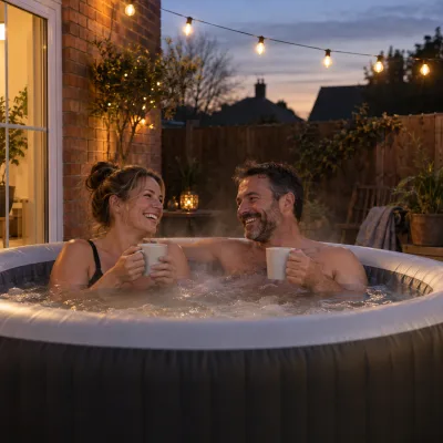 A couple in their forties laugh in a round inflatable hot tub on a brick-walled patio at dusk, mugs in hand, string lights overhead