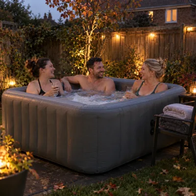 Three friends in their thirties laugh together in a square grey inflatable hot tub in a back garden, towels folded on a chair beside it