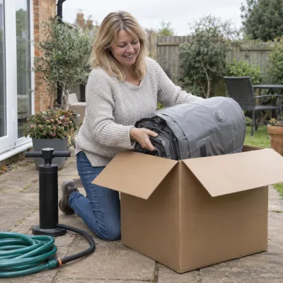 A woman in her fifties kneels on her patio and lifts a folded grey hot tub out of a delivery box, a hand pump and a garden hose beside her
