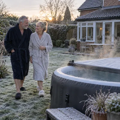 A couple in their sixties in dressing gowns walk across a frosty lawn towards a covered hot tub with steam rising
