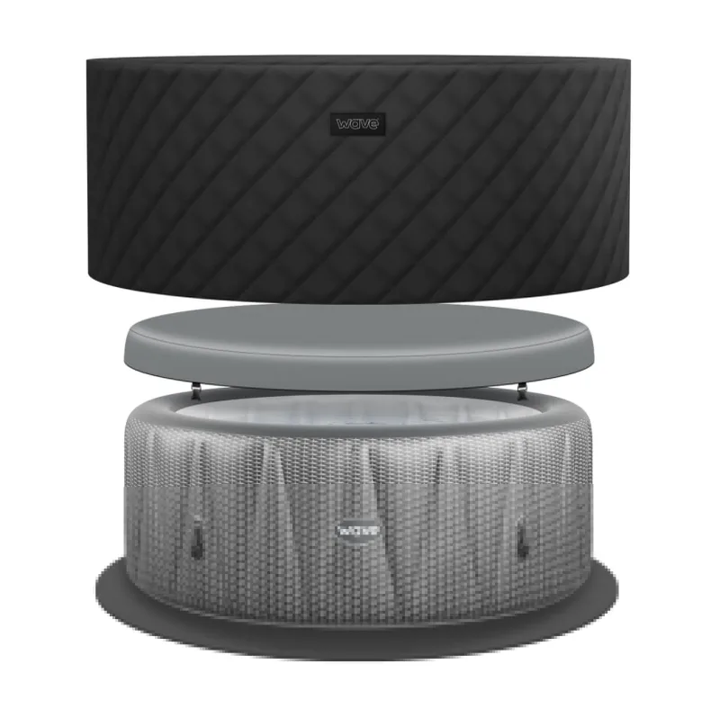 Exploded view of a grey rattan-effect Wave Atlantic inflatable hot tub: the insulating foam mat below, the tub, its lid and the thermal cover above