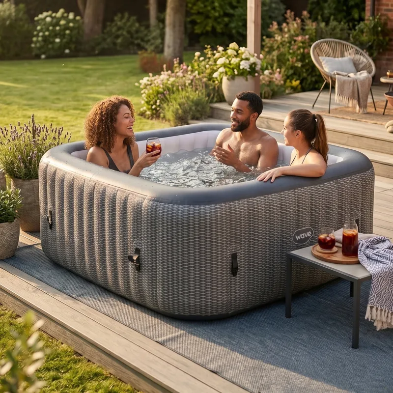 A grey rattan-effect Wave Pacific square inflatable hot tub on decking in a garden at sunset, three adults in the water and a small side table with glasses beside it