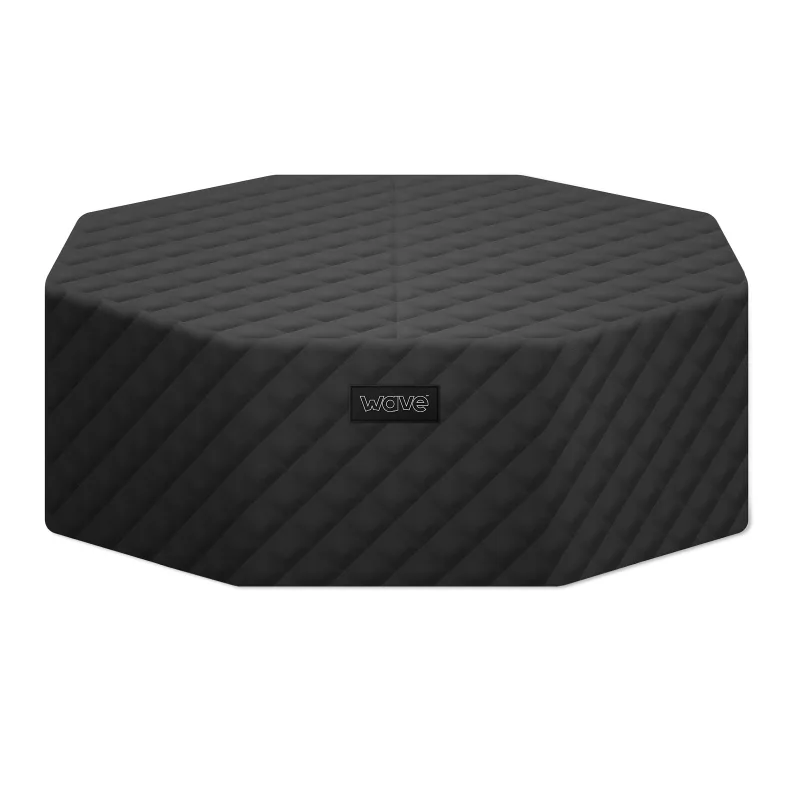 A black quilted octagonal Wave thermal hot tub cover with the Wave logo, photographed on a white background
