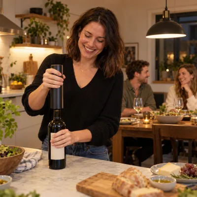 A woman in her thirties smiles in an apartment kitchen in the evening, holding a slim black electric wine opener upright on a bottle on the counter, two friends chatting at the wooden table behind her
