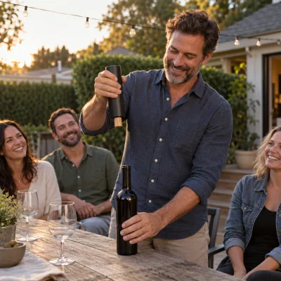 A man in his forties on a wooden back patio lifts a slim black electric wine opener off a bottle, the whole cork at its base, three friends at the outdoor table behind him