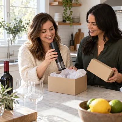 A woman in her late twenties at a bright kitchen island smiles at the slim black electric wine opener she has just lifted out of a gift box, a friend beside her holding the lid