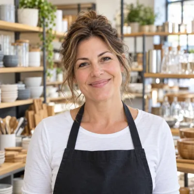 A woman in her forties in a plain dark apron over a white shirt smiling at the camera, shelves of plain kitchen tools and glassware blurred behind her
