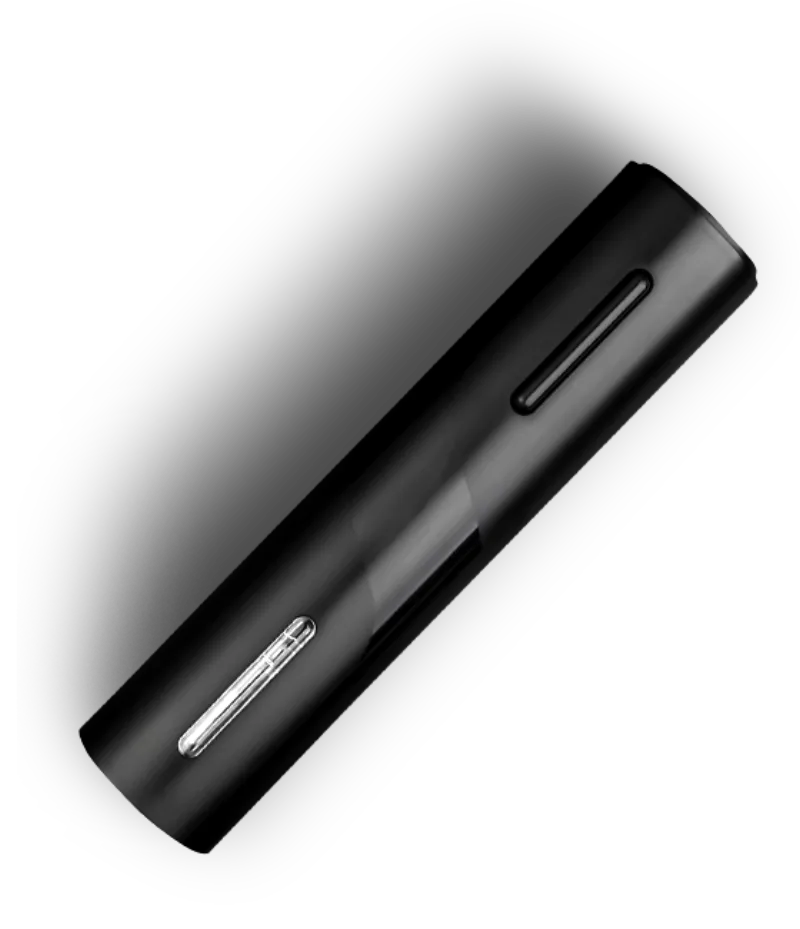 The WineCork Pro alone on a white background, seen from the side at an angle, the button slot near the top and the clear window near the base