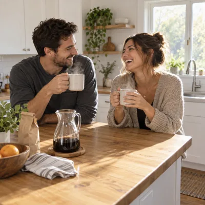 A couple in their thirties laughing over mugs of coffee at a kitchen island in the morning