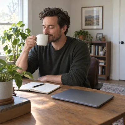 A man in his late thirties taking a first sip of black coffee at his home desk, eyes closed