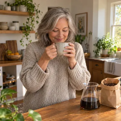 A woman in her sixties smelling a freshly poured cup of pour-over coffee in her kitchen
