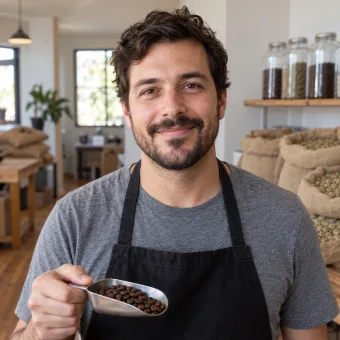 A man in his thirties in a plain dark canvas apron holding a scoop of roasted coffee beans in a small roastery
