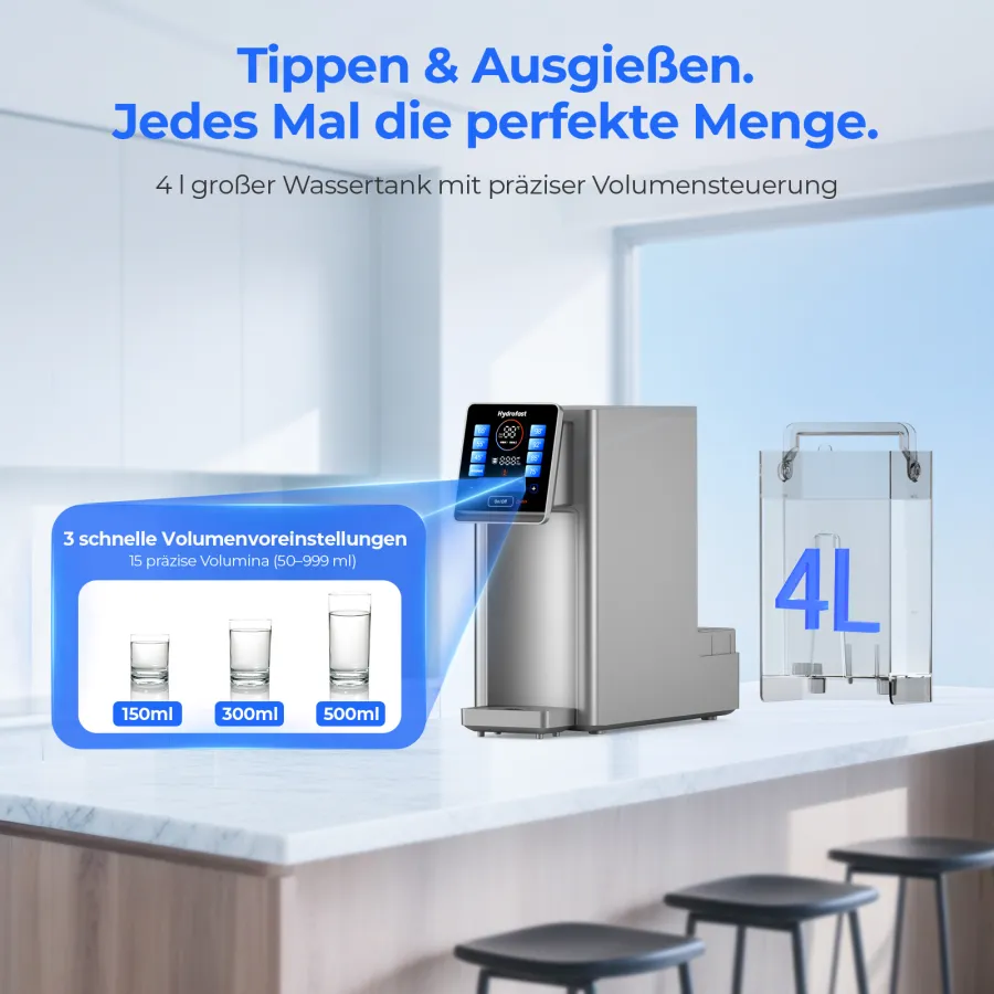 Händlergrafik: der 4-Liter-Wassertank des W100 und die drei Voreinstellungen 150, 300 und 500 ml