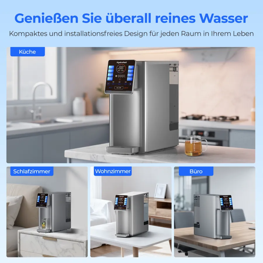 Händlergrafik: der Filterwechsel des W100 in drei Schritten, Deckel öffnen, Kartusche ziehen, neue einsetzen